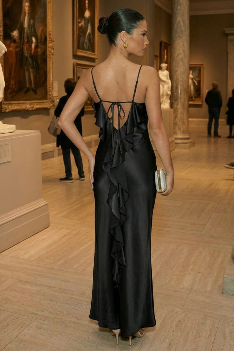 Black Slip Maxi Dress with Rosette and Ruffle Detail