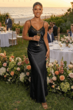 Black Satin Slip Maxi Dress with Scalloped Lace Trim