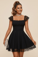 Black Lace Flutter Sleeve Mini Dress Square Neck Party Dress