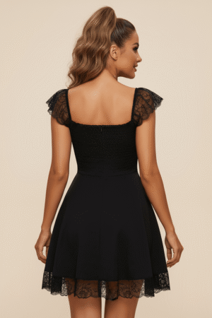 Black Lace Flutter Sleeve Mini Dress Square Neck Party Dress
