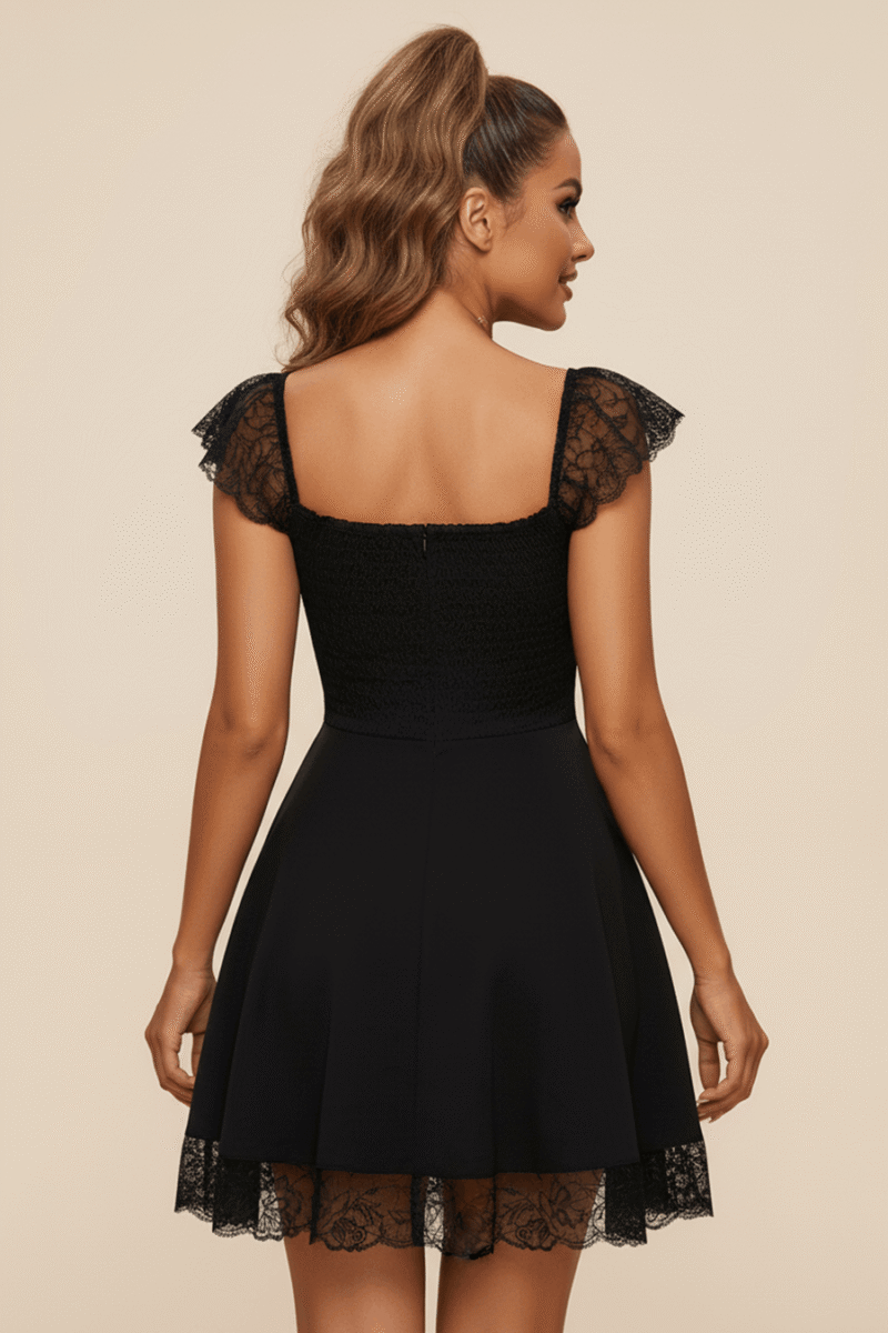 Black Lace Flutter Sleeve Mini Dress Square Neck Party Dress