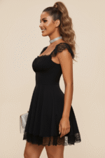 Black Lace Flutter Sleeve Mini Dress Square Neck Party Dress