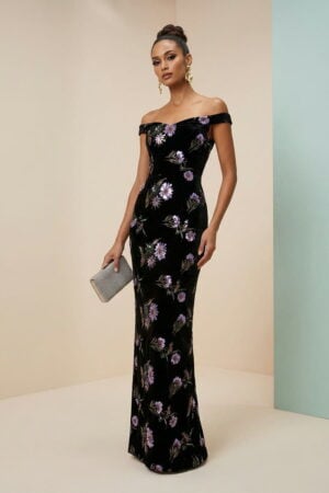 Black Embroidery Velvet Off the Shoulder Column Evening Dress Black Embroidery Velvet Off the Shoulder Column Evening Dress