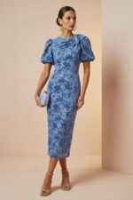 Blue Floral Burnout Velvet Puff Sleeve Midi Cocktail Dress