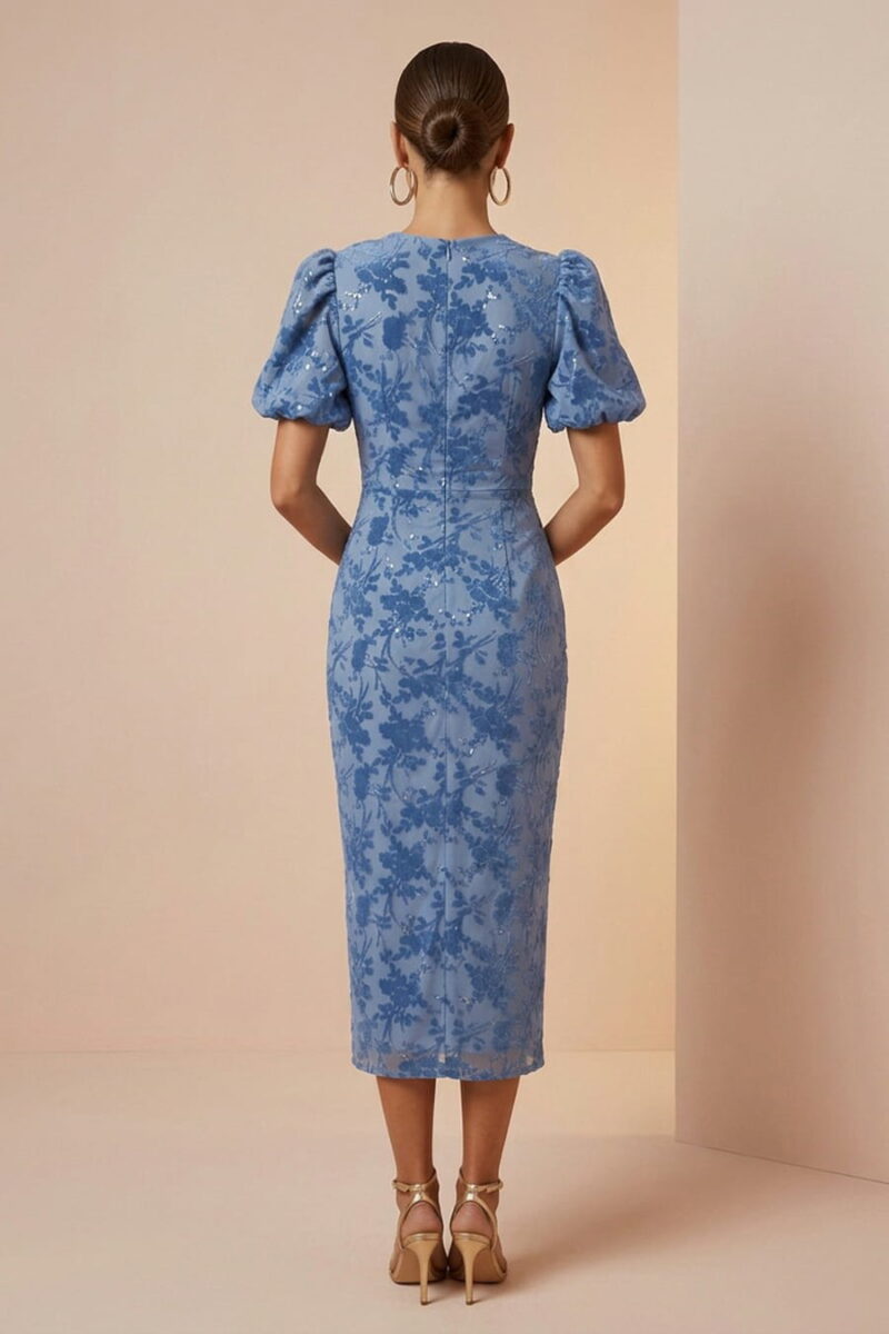 Blue Floral Burnout Velvet Puff Sleeve Midi Cocktail Dress