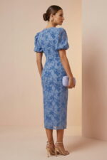 Blue Floral Burnout Velvet Puff Sleeve Midi Cocktail Dress