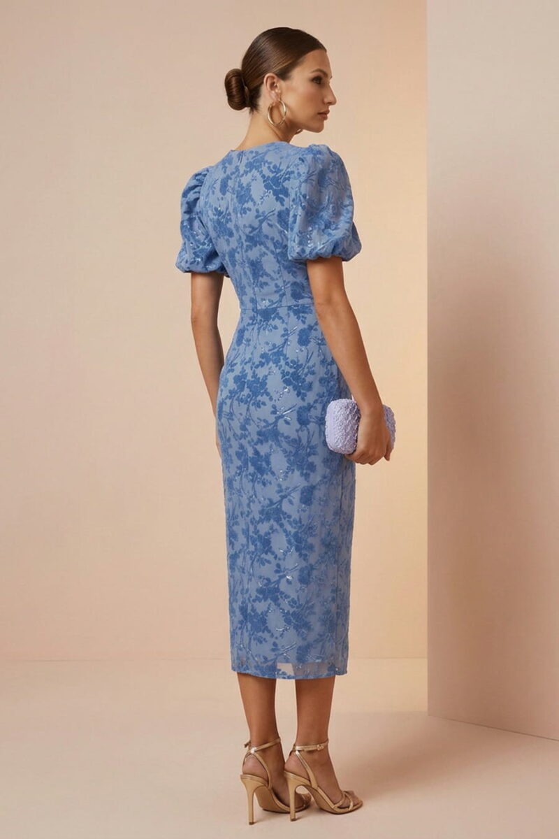 Blue Floral Burnout Velvet Puff Sleeve Midi Cocktail Dress