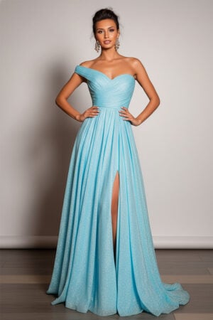 Himmelblaues Ein-Schulter-Glitzer-Kleid in A-Linie mit hohem Schlitz und gerüschtem Mieder