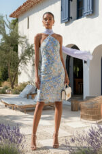 Blue Floral Print Sequin Halter Mini Cocktail Dress