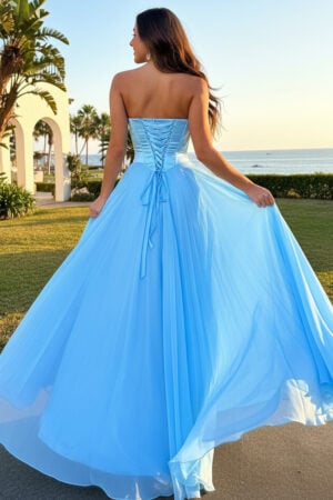 Blue Strapless Corset Pleated Chiffon Formal Dress