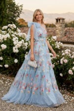 Light Sky Blue Floral Embroidery Tulle One Shoulder A-line Black Tie Dress