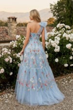 Light Sky Blue Floral Embroidery Tulle One Shoulder A-line Black Tie Dress
