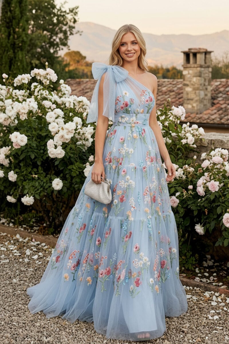 Light Sky Blue Floral Embroidery Tulle One Shoulder A-line Black Tie Dress