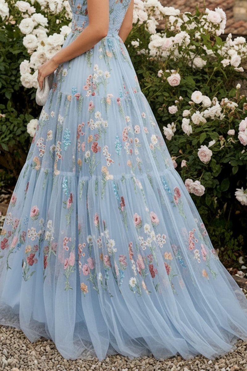 Light Sky Blue Floral Embroidery Tulle One Shoulder A-line Black Tie Dress