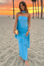 Blaues trägerloses asymmetrisches Maxikleid