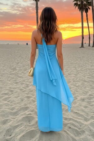 Blue Strapless Asymmetric Maxi Dress