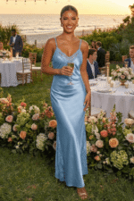 Blue Satin Slip Maxi Dress with Scalloped Lace Trim