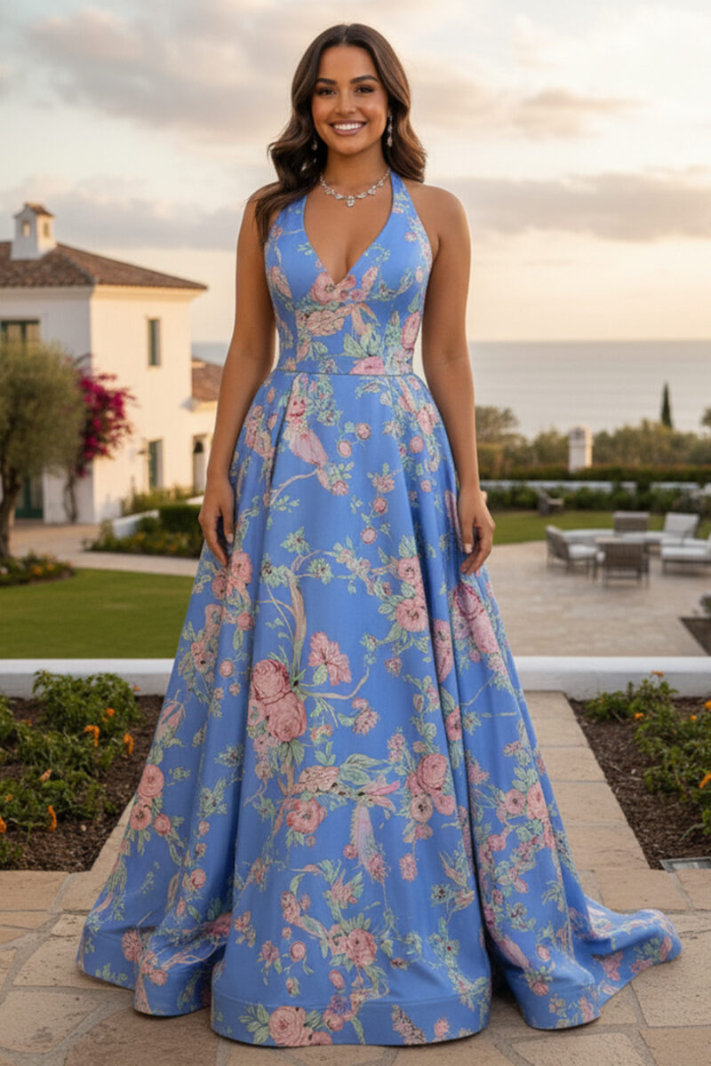 Blue Floral V-Neck Halter A-Line Maxi Dress Blue Floral V-Neck Halter A-Line Maxi Dress