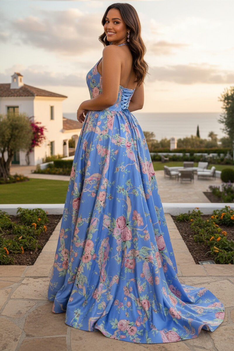 Blue Floral V-Neck Halter A-Line Maxi Dress