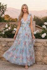 Light Sky Blue Floral Embroidery Tiered Tulle V Neck Black Tie Dress