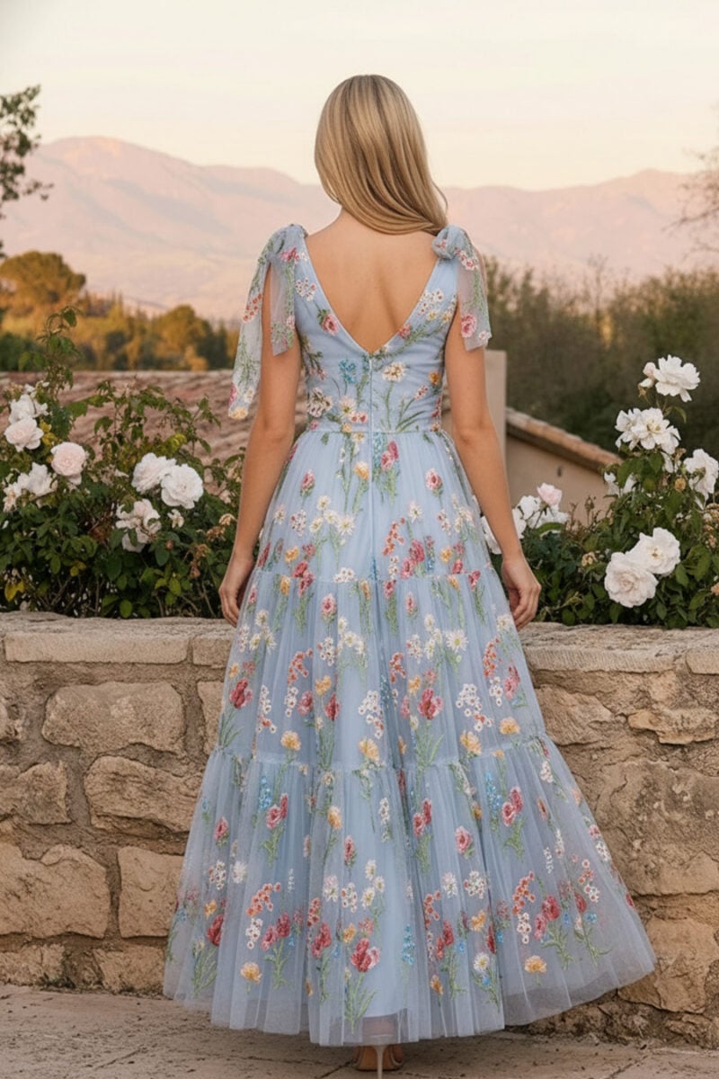 Light Sky Blue Floral Embroidery Tiered Tulle V Neck Black Tie Dress