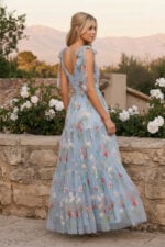 Light Sky Blue Floral Embroidery Tiered Tulle V Neck Black Tie Dress