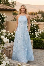 Light Blue Floral Ribbon Applique Halter Stretch Mesh Backless Dress with Pockets