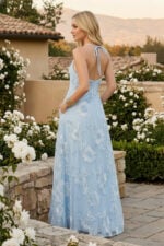 Light Blue Floral Ribbon Applique Halter Stretch Mesh Backless Dress with Pockets