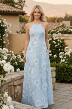 Light Blue Floral Ribbon Applique Halter Stretch Mesh Backless Dress with Pockets