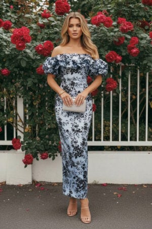 Blue Burnout Mesh Off-the-Shoulder Column Cocktail Dress