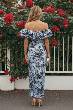 Blue Burnout Mesh Off-the-Shoulder Column Cocktail Dress