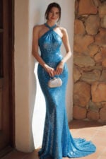 Robe de bal de fin d'année en paillettes bleues