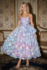 Blue 3D Floral Embroidery Tulle Strapless Midi Dress