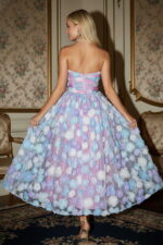 Blue 3D Floral Embroidery Tulle Strapless Midi Dress