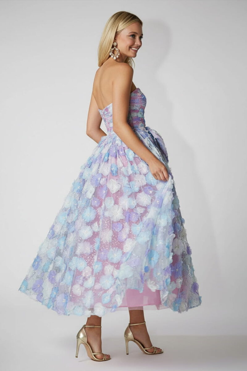 Blue 3D Floral Embroidery Tulle Strapless Midi Dress