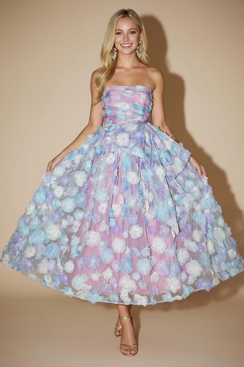 Blue 3D Floral Embroidery Tulle Strapless Midi Dress