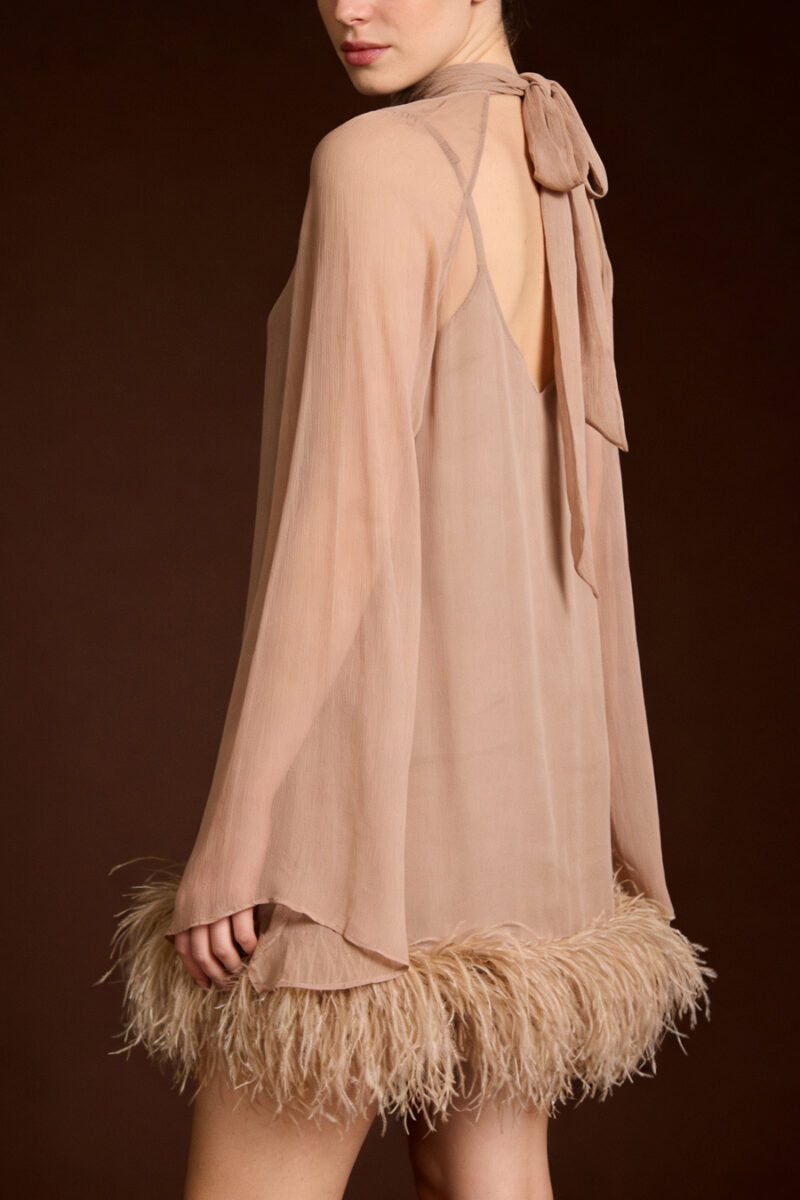 Dusty Blush Chiffon Mini Dress with Feather Hem