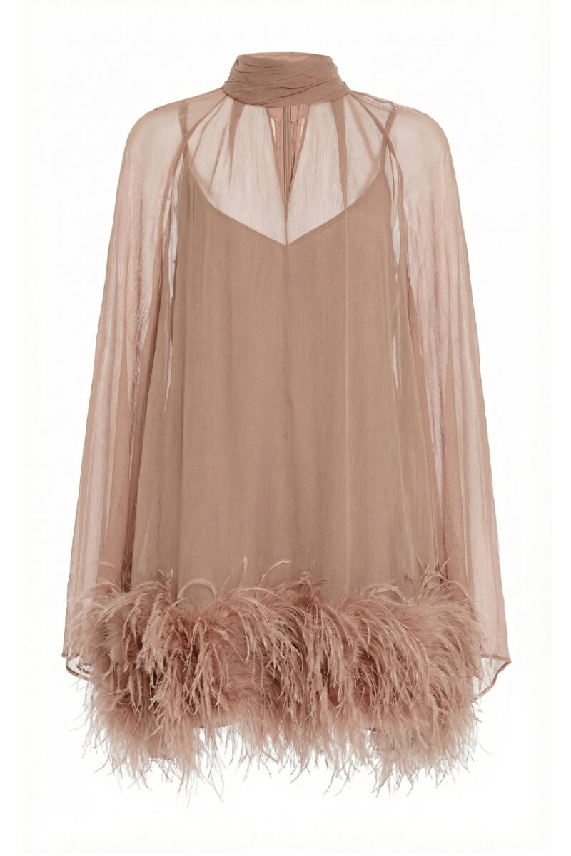 Dusty Blush Chiffon Mini Dress with Feather Hem