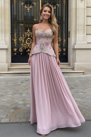 Blush Pink Sequin Embroidered Peplum Corset Prom Dress