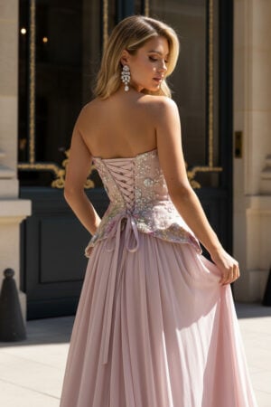 Blush Pink Sequin Embroidered Peplum Corset Prom Dress