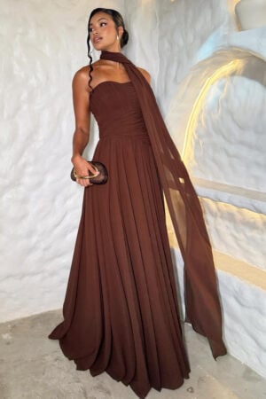 Brown Pleated Chiffon Maxi Dress with Detachable Neck Scarf