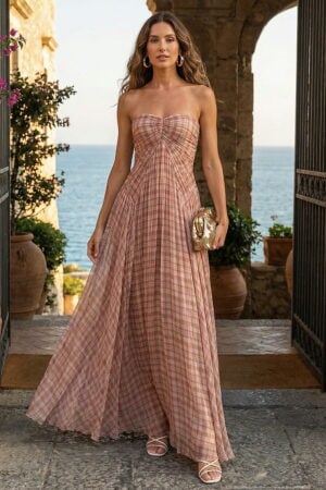 Brown Plaid Print Sweetheart Pleated A Line Chiffon Boho Dress