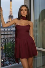 Burgundy Mini Dress with Detachable Scarf-Train