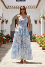 A-line Square Neck Burnout Chiffon Vacation Dress with Side Pockets