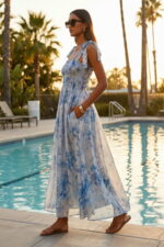 A-line Square Neck Burnout Chiffon Vacation Dress with Side Pockets