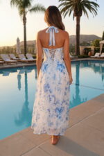 A-Line Halter Tea-Length Corset Vacation Dress with Lace-Up Back