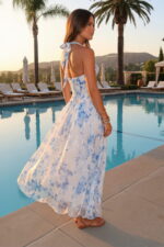 A-Line Halter Tea-Length Corset Vacation Dress with Lace-Up Back