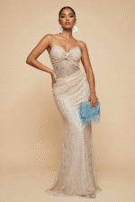 Champagne Spaghetti Straps Maxi Dress Ruched Cut Out Evening Dress