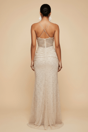Champagne Spaghetti Straps Maxi Dress Ruched Cut Out Evening Dress