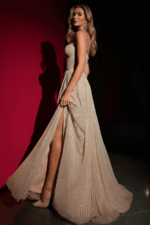 Champagne Metallic Pleated Gown with High Slit and Embellished Straps